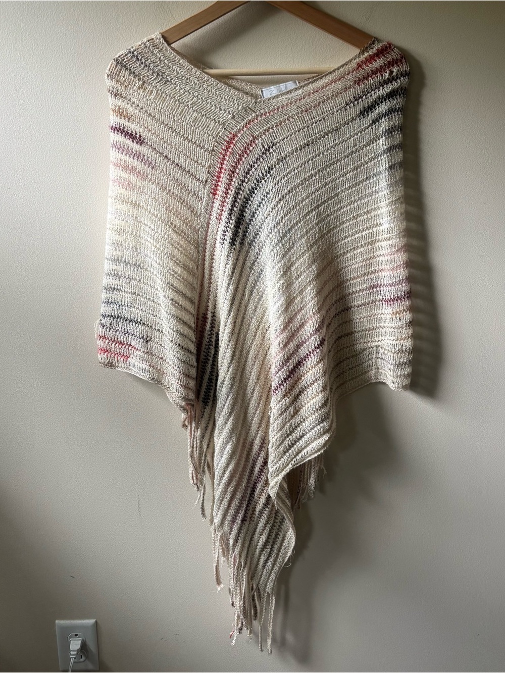 Zighili Made In Italy Cream Striped Fringe Knit Poncho Sweater